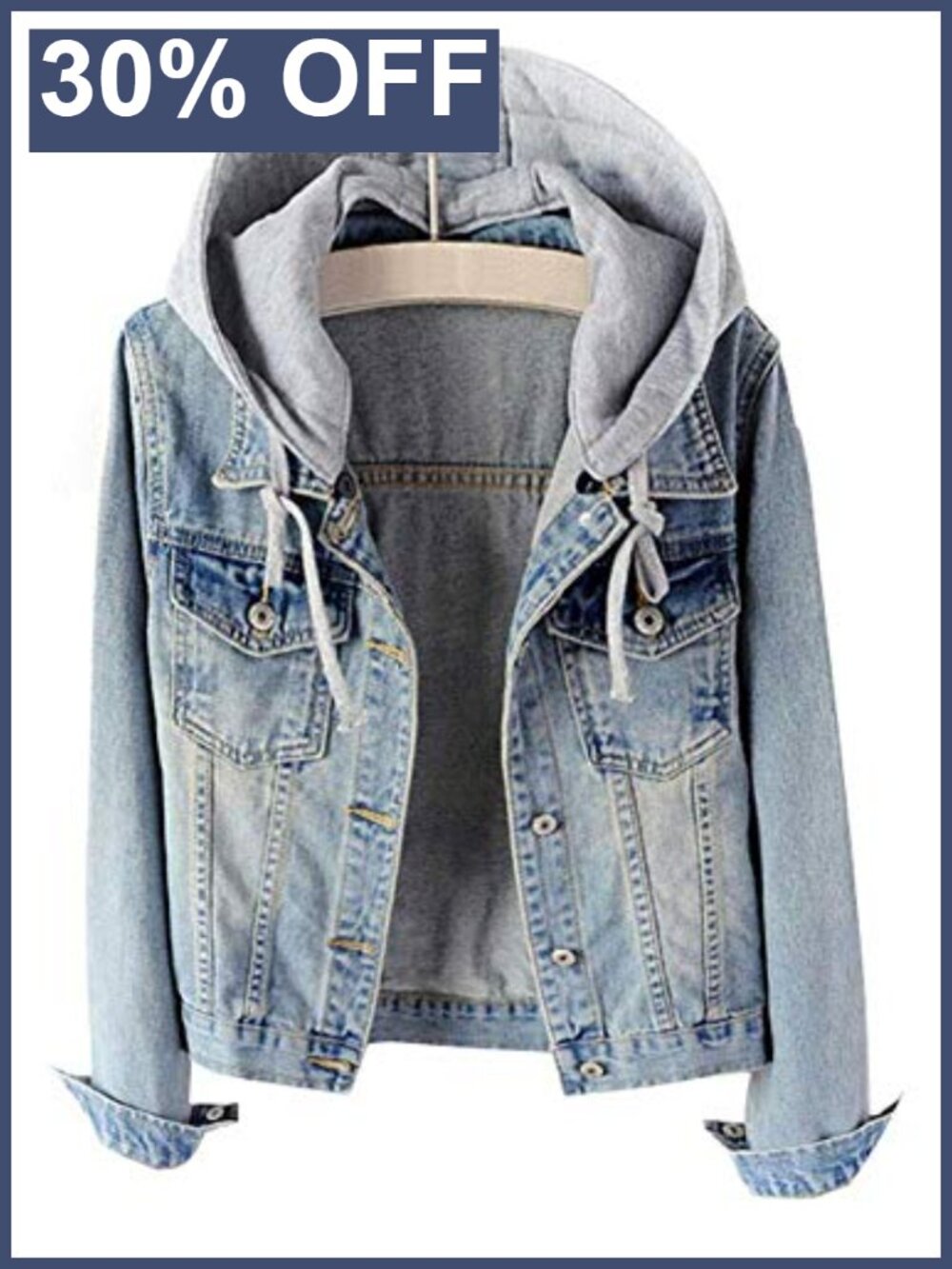 Cotton Polyester Blend Detachable Hoodie Denim Jacket Casual Outdoor